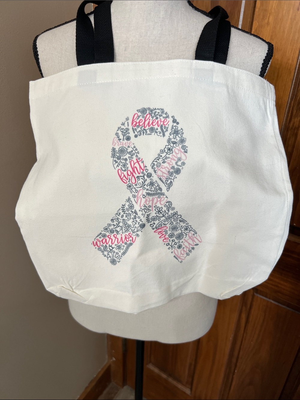 Hand Crafted White Tote with Pink & Gray Ribbon